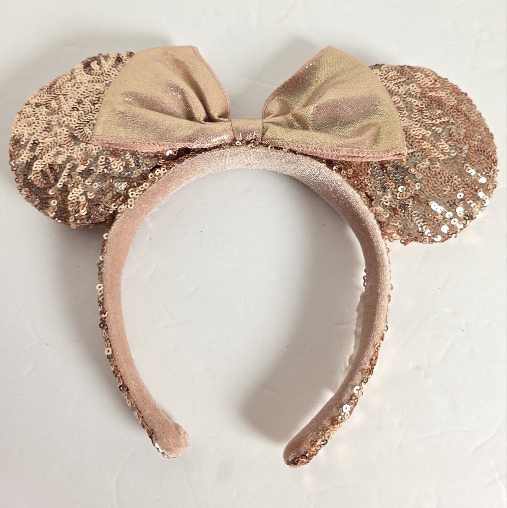 Disney Parks ROSE GOLD Champagne Minnie Mouse Bow Sequins Ear Headband Ears